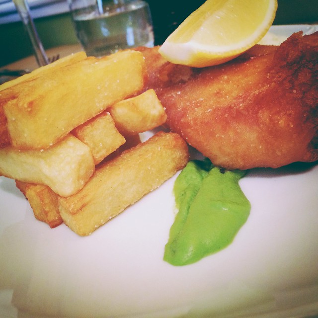 Haddock & Chips with Pea Puree. The Anchor, Sutton, Cambs