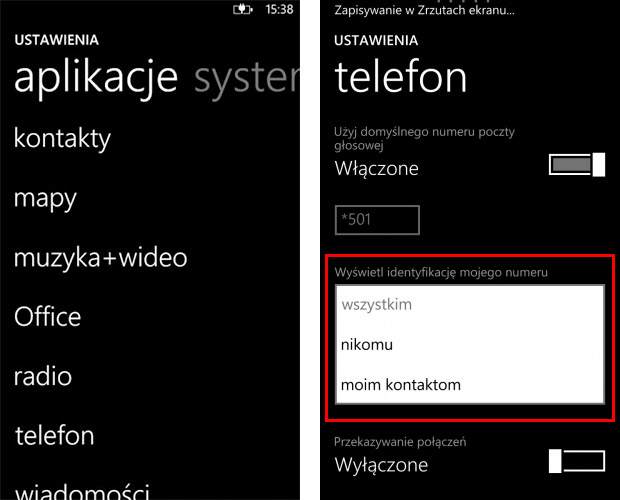 Ustawienia wyświetlania numeru w Windows Phone