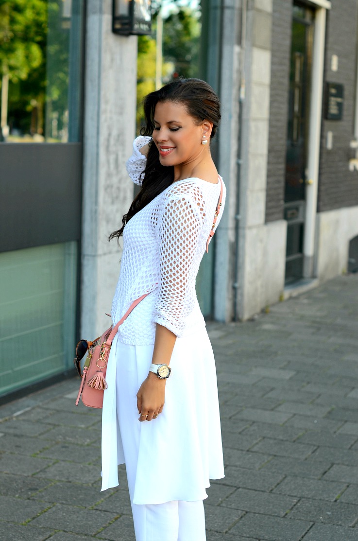 DSC_6133 Zara skirt pamts, Mise En Dior Earings, Jessica Simpson bag, White mesh sweater