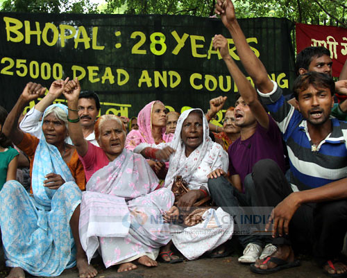 Survivors of 1984 Bhopal gas tragedy during a protest at Janter-Manter in New Delhi on July 12, 2012