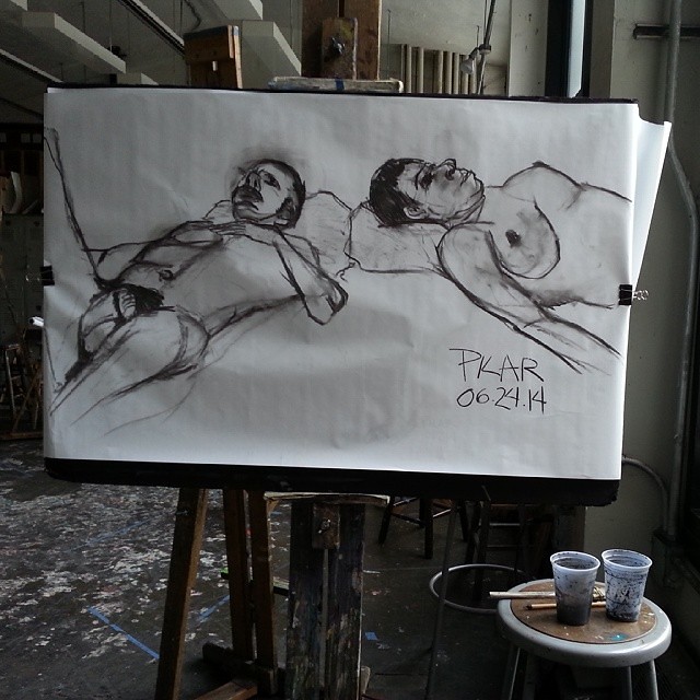 Reclined Male and Female Nude  Charcoal on paper 36x48 inches ( approximate ) June 26, 2014  We always have 2 models posing side by side in class and this was the first time I drew them together. Each was a challenging pose to do on its own -- I wish I ha