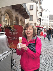Renee with a one-boule ice-cream in Strasbourg