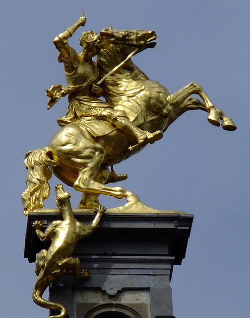 Golden Statue of a Horse and Rider in Antwerp, Belgium