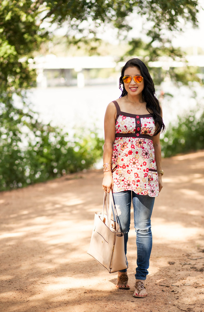 cute & little blog | petite fashion | maternity baby bump second trimester casual summer style | floral strappy tank, ag distressed maternity jeans, tory burch miller sandals, oakley caveat aviators | 22 weeks pregnant