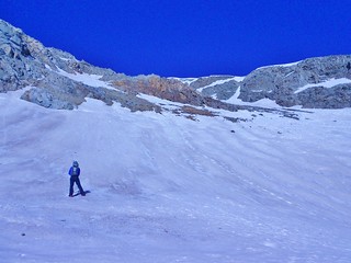 Fred Dodging Rocks on Approach to Hopeful Couloir