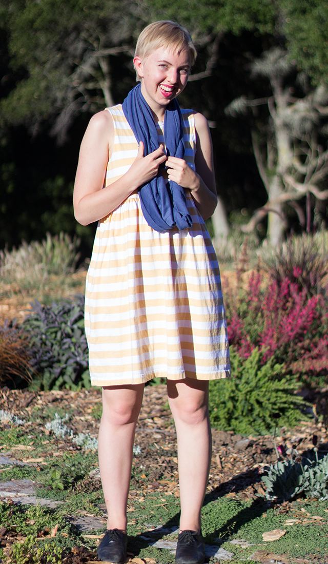 blue circle scarf, white and yellow striped sundress