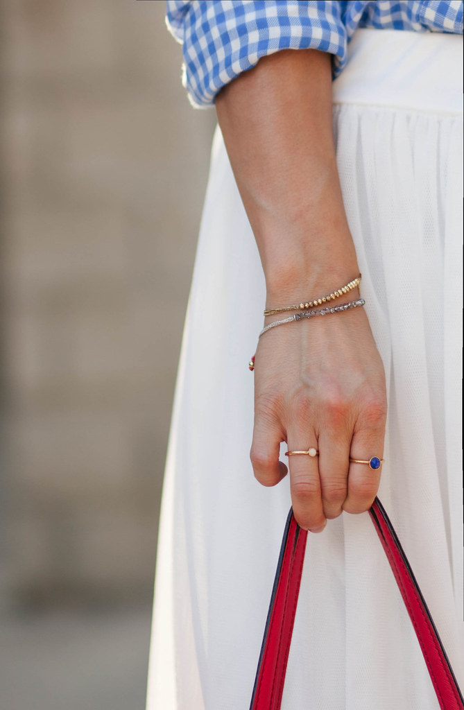 cute & little blog | petite fashion | gingham shirt, white tulle skirt, stella dot friendship bracelets, red tote