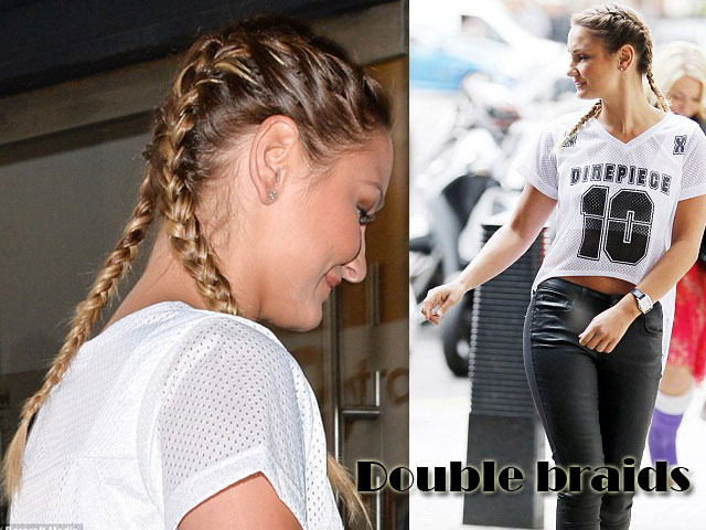 latest-hairstyle-trend-double-braids, matte leather look trousers, American football top, urban style chic look, latest hairstyle, latest hair trend, double braids, braids, braids hairstyle