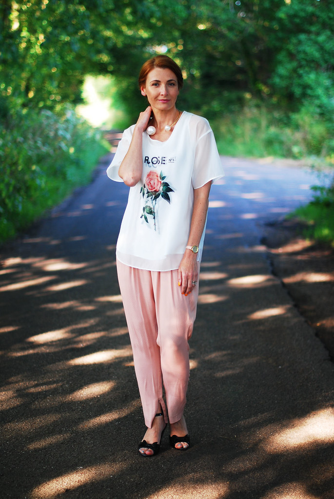 Sheer rose top with blush pink trousers