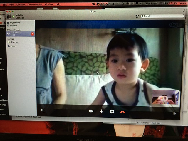 Skype video call with my son in Singapore while I am in Nanjing