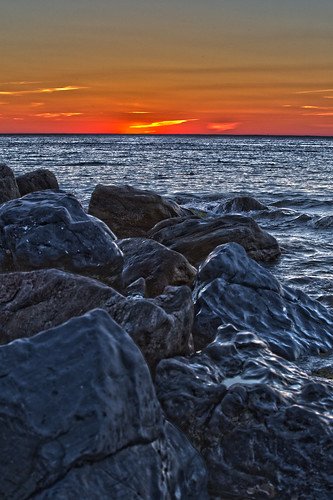 sunset sea sky sun beach water rocks hdr