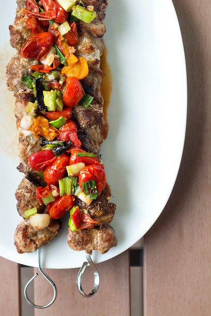Grilled Pork Skewers with Grilled Tomato Relish
