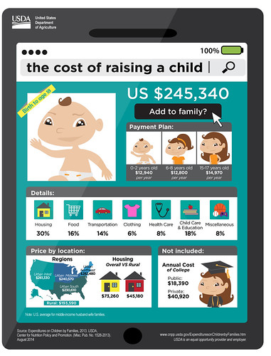 USDA’s annual report, Expenditures on Children by Families, provides annual estimates for the cost of raising a child.  This report provides families with an indication of expenses to anticipate, and is used by state and local governments in determining child support guidelines and foster care payments. Click to enlarge.