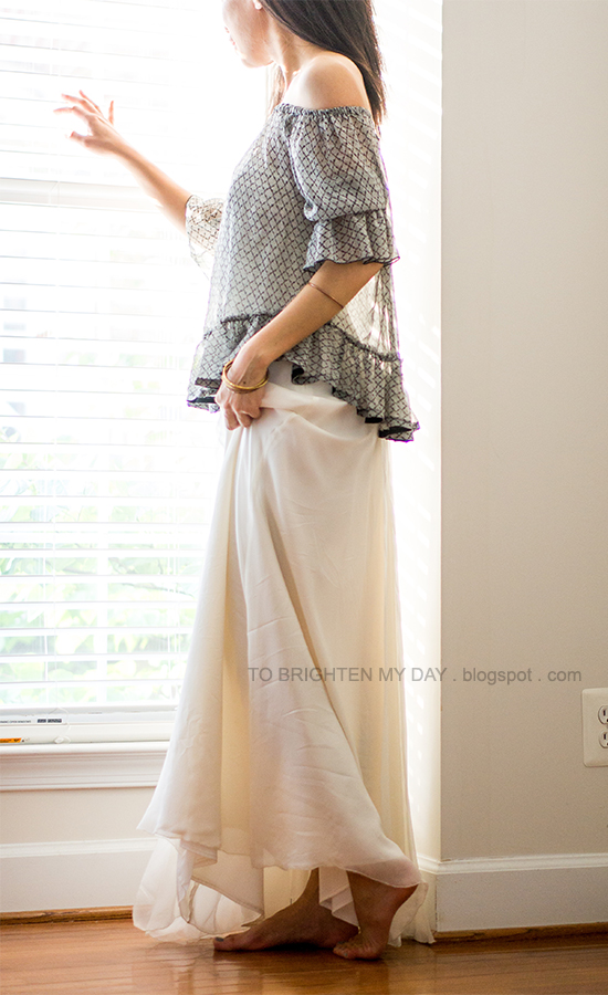 off-the-shoulder ruffled top, white dress as skirt, mixed bangles