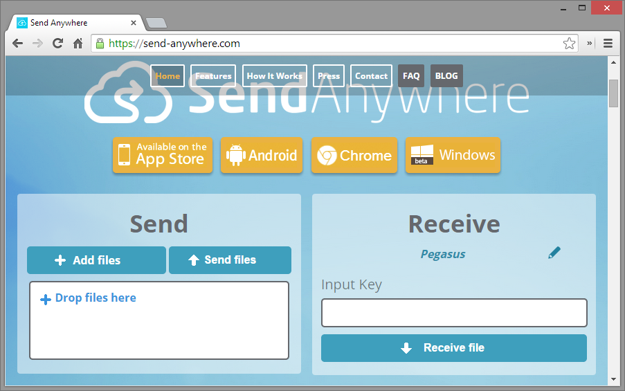 Send Anywhere - interfejs na PC