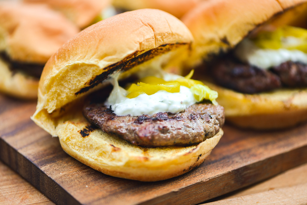 Mini Grilled Gyro Burgers With Tzatziki and Pickled Peperoncini