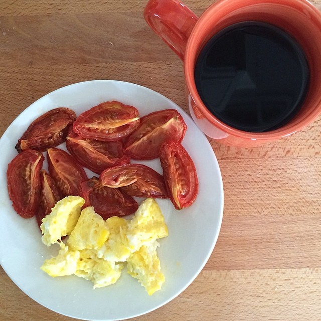 Day 7, #Whole30 - micro eggs with ghee, roasted tomatoes, & black coffee)