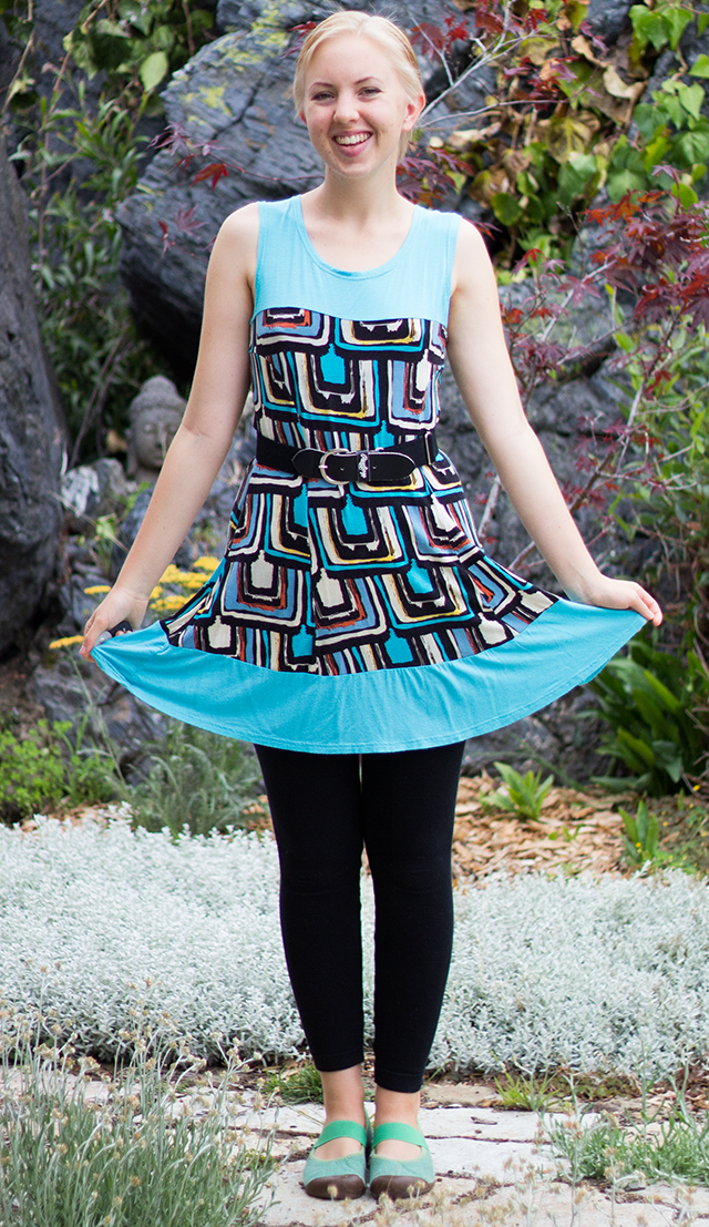 short patterned dress by Avatar Clothing, black leggings