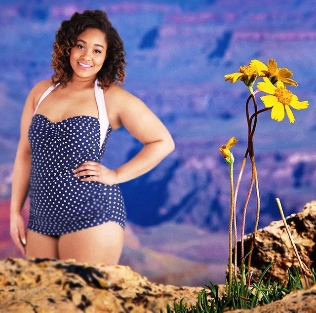 ModCloth plus-size vintage-inspired polka dot swimsuit with Grand Canyon flower background