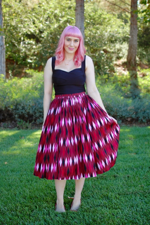 Pinup Girl Clothing Red and Brown Harlequin Jenny Skirt 001