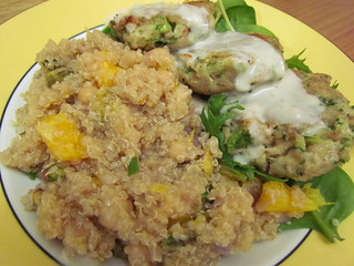 Quinoa and Chickpea Pilaf with Orange and Pistachios; Zucchini Walnut Fritters; Vegan White Sauce