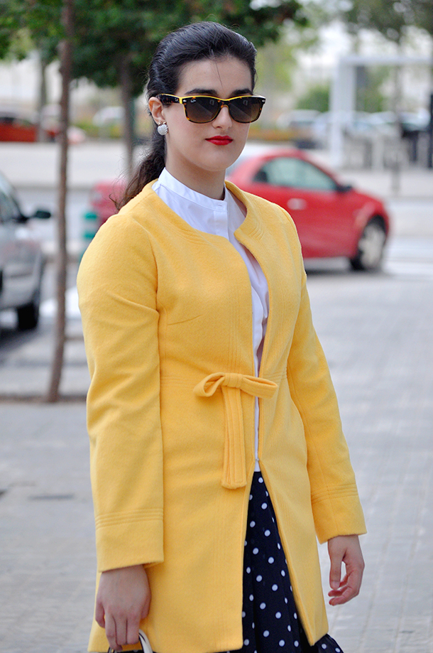something fashion sheinside collaboration yellow coat blend fashion clothing cheap, valencia spain fashion blogger raybanyellow espadrilles pepe jeans polka dot skirt