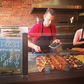 Pistachio pesto going on the mortadella. #pizza