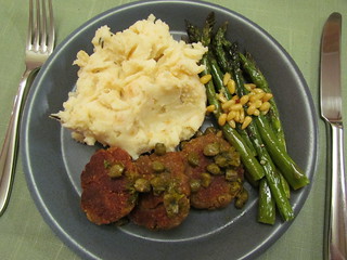 Piccata-Style Cashew Chickpea Medallions; Raosted Lemon Asparagus with Pine Nuts; Rosemary-Scented Mashed Potatoes with 'Limas'