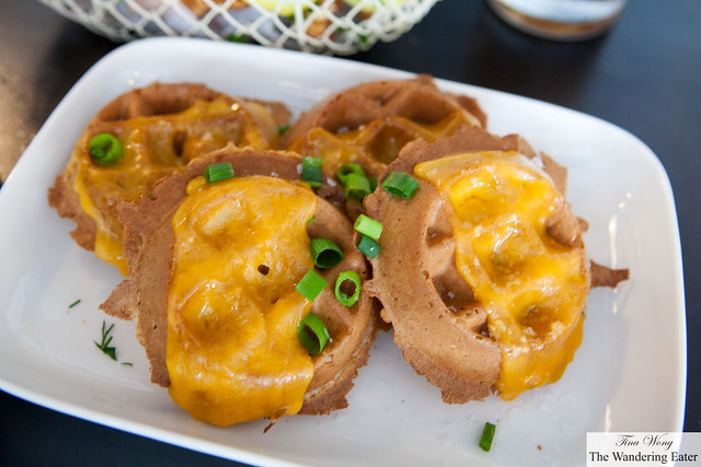 Buckwheat waffles topped with cheddar