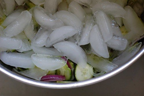 Salting and Icing the Cucumbers and Onions for Bread & Butter Pickles by Eve Fox, The Garden of Eating, copyright 2014