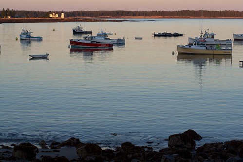 ocean sunset sea usa lighthouse water boats harbor fishing village maine lobsterboats prospectharbor prospectharborlighthouse