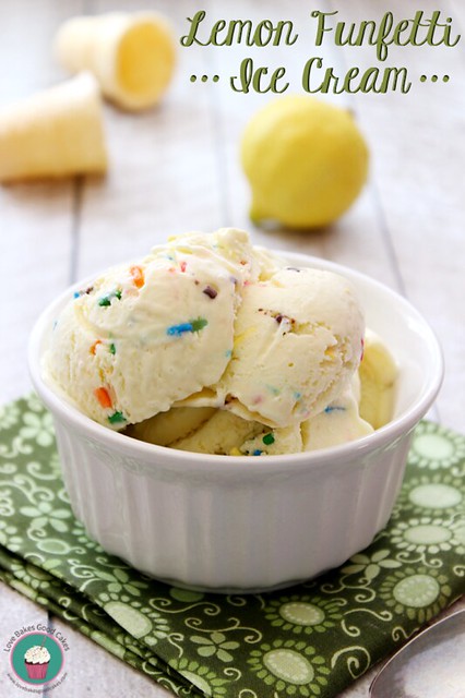 Lemon Funfetti Ice Cream in a white bowl with a lemon and ice cream cones shells.