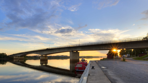 bridge sunset reflection backlight river boat sweden norrbotten kalix