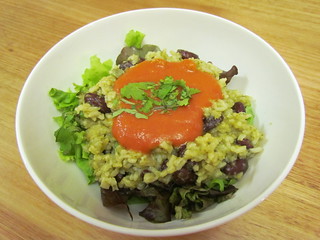 Mexican Green Rice and Beans; Roasted Tomato and Red Chile Sauce