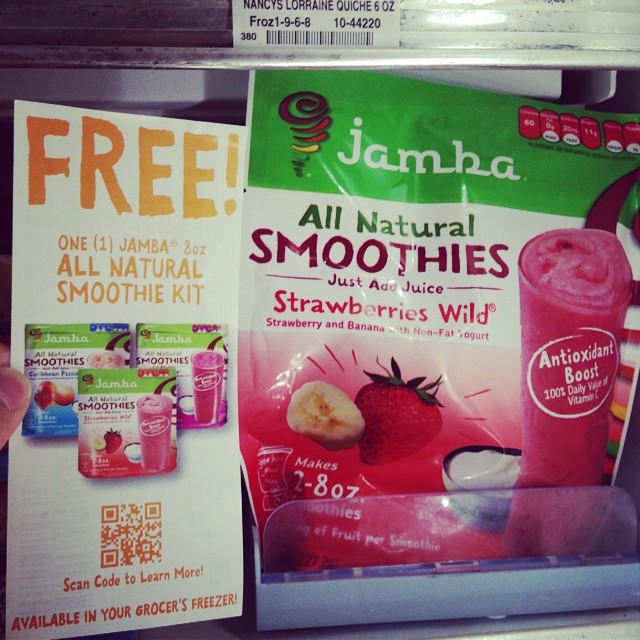 Look what I spied at the grocery store today!! The JAMBA All Natural Smoothie Kit #jambajuice in the flavor Strawberry Wild (strawberries and bananas). All I need to do when I get this baby home is add apple juice and blend it! Easy peasy! This smoothie k