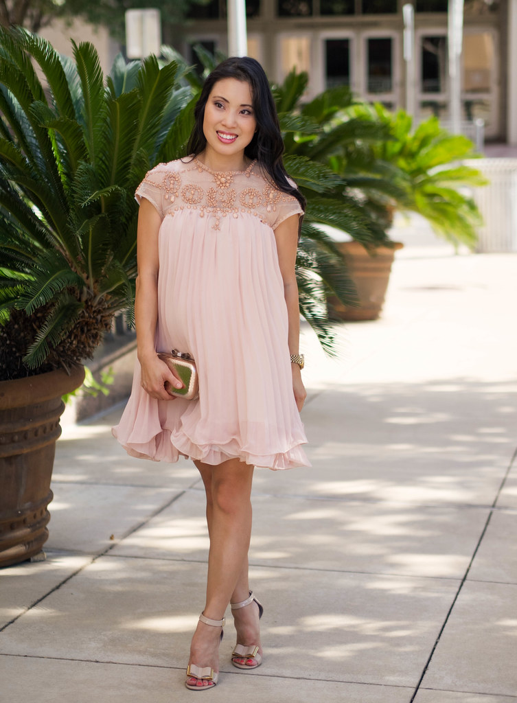 cute & little blog | maternity pregnancy summer style | petite fashion | chicwish beads embellished pleated pink dress | wedding outfit