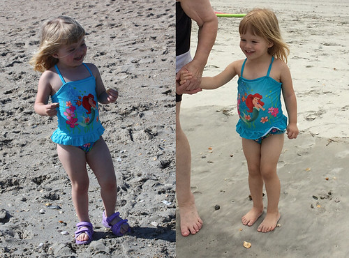Same beach, same swimsuit. Two girls, 4 years apart