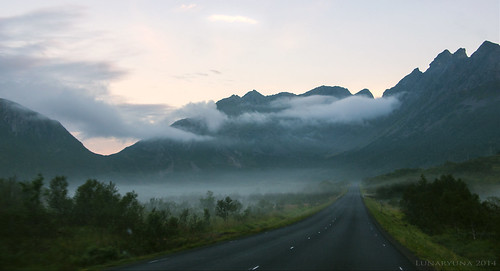 road light sky mountains norway landscape mood driving lunaryuna summernights midnightsun thenorth morningmist lofotenislands arcticsummer