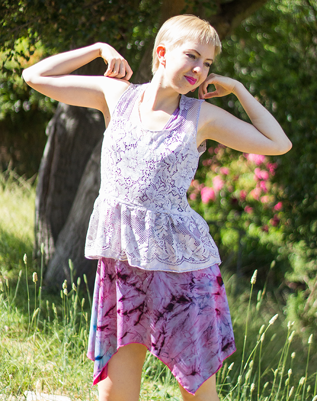 blonde pixie cut, lavender lace sleeveless peplum top, faux tie-dye purple dress