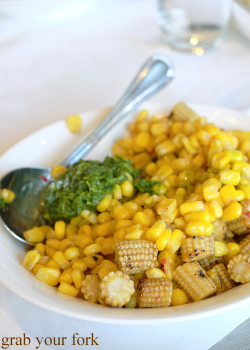 Sweet corn and char grilled baby corn at Jonah's, Whale Beach