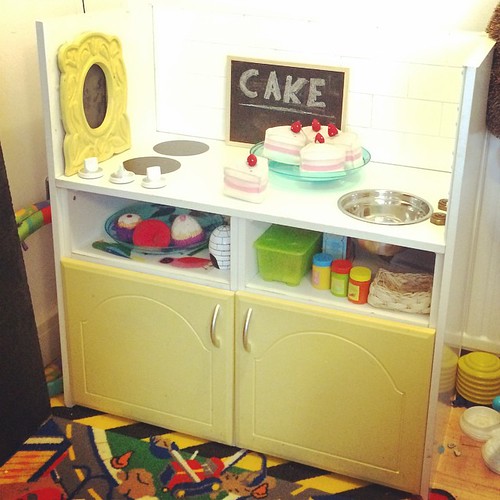 This is the play kitchen we built my son from two night stands. I love the subway tile. #diy #day4 #fmsphotoaday