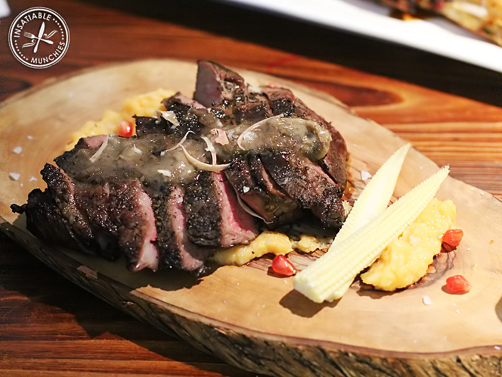 Angus beef is cooked sous vide to a perfect medium rare, and served with a sweet potato mash and baby corn.