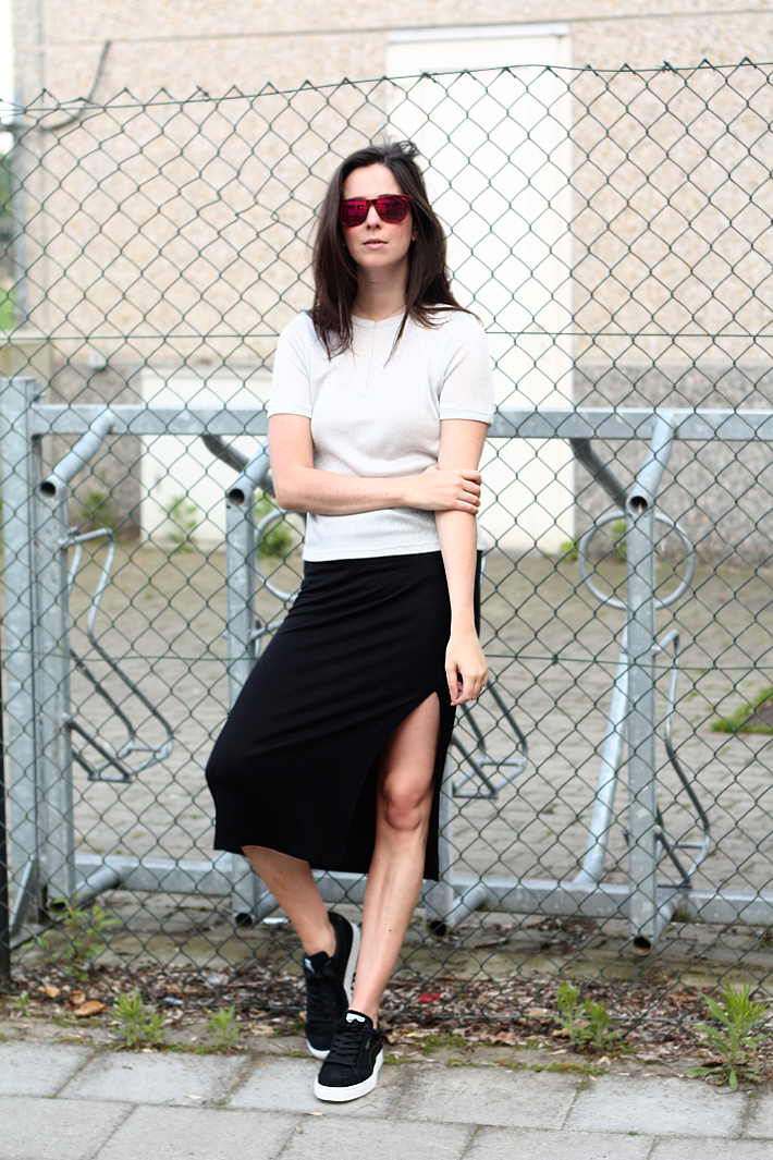 slit skirt puma sneakers outfit