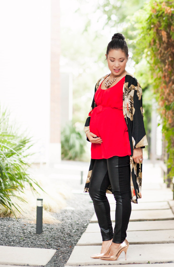 cute & little blog | petite fashion | maternity pregnant bump style | black floral kimono, red bow maternity tank, leather ponte pants, kate spade licorice pumps | second trimester 21 weeks