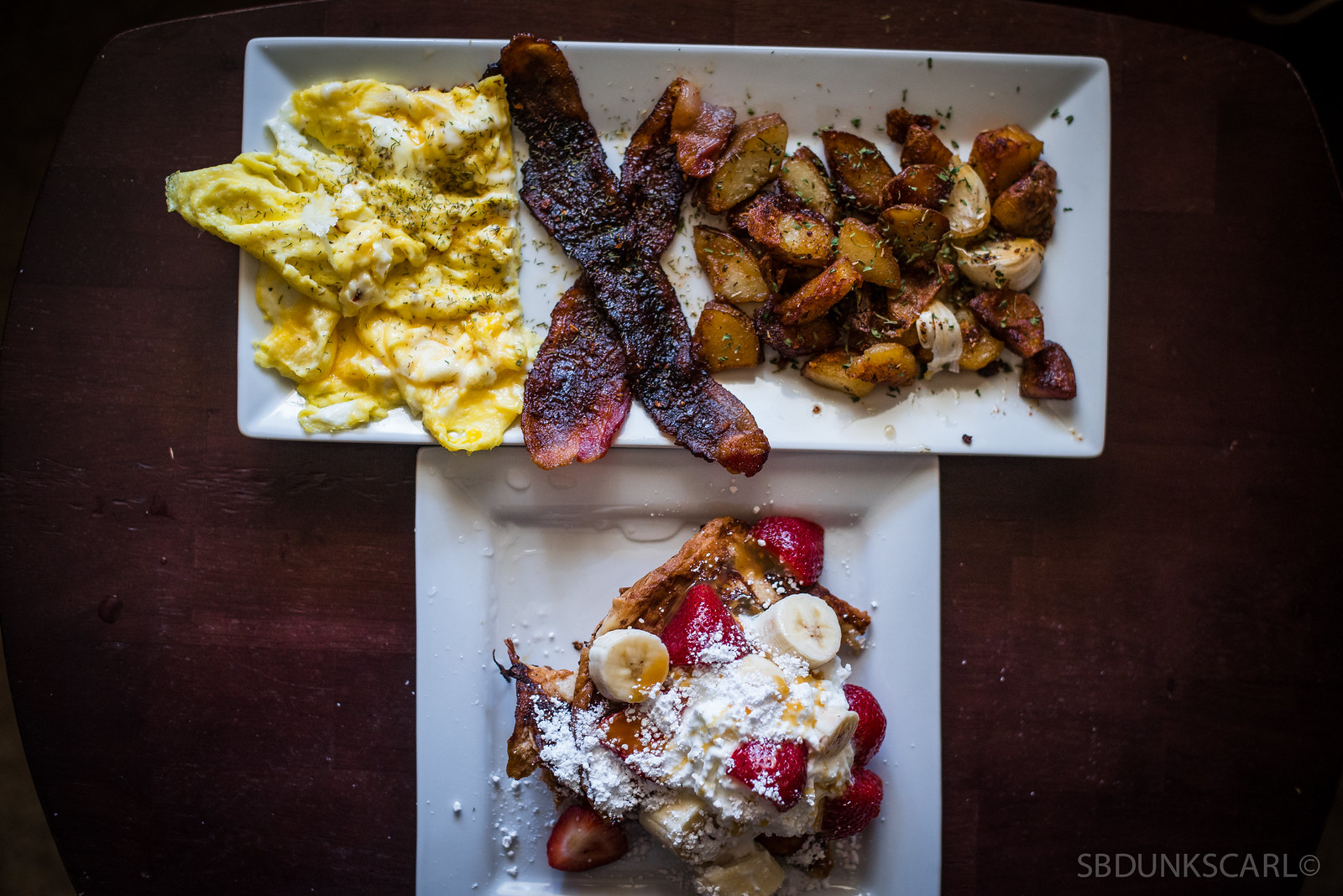 BRUNCH: EGGS WITH DILL WEED, BROWN SUGER BACON AND HOUSE FRIES