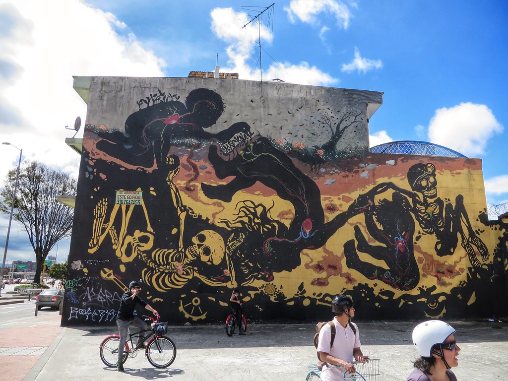 Street art of bodies and skeletons in Bogota, Colombia