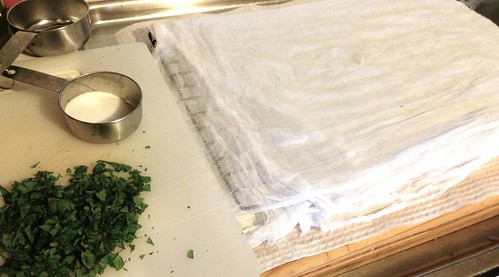 cheesecloth lined rack, salt, chopped mint