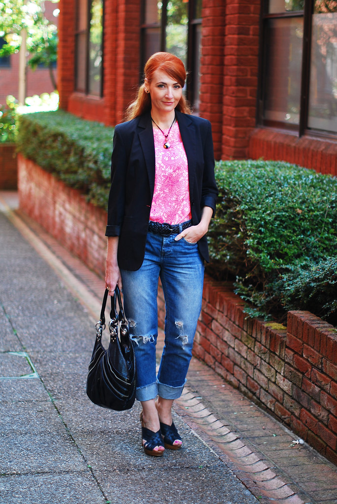 Neon pink and black with distressed denim - Over 40 fashion