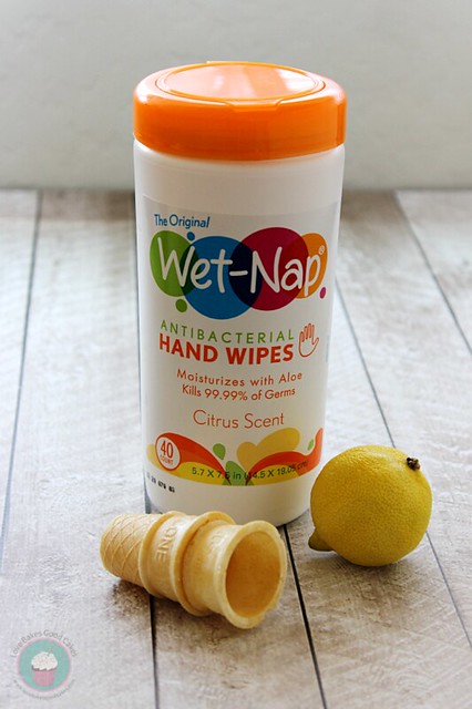 Wet Nap Hand Wipes package with a lemon and two ice cream cones shells.