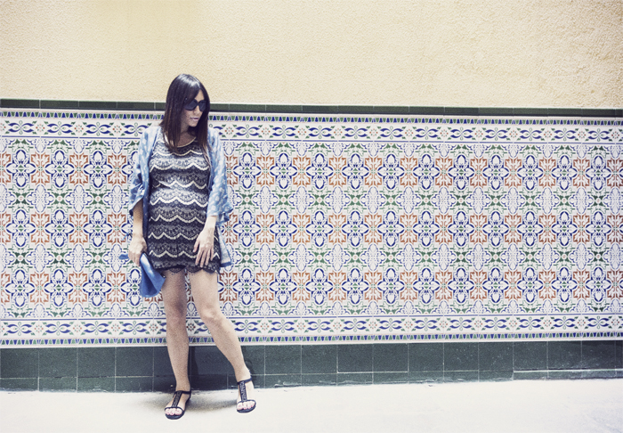 street style barbara crespo tiles kimono blue black dress fashion blogger outfit blog de moda